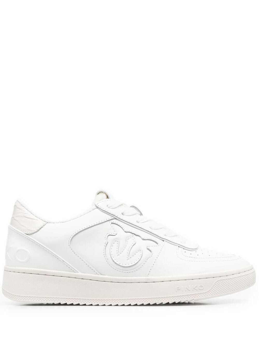 Pinko White Sneakers In Calf Leather And Rubber With Contrast Inserts Love Birds Logo Customization Carved On Both Sides, Flat Rubber Sole