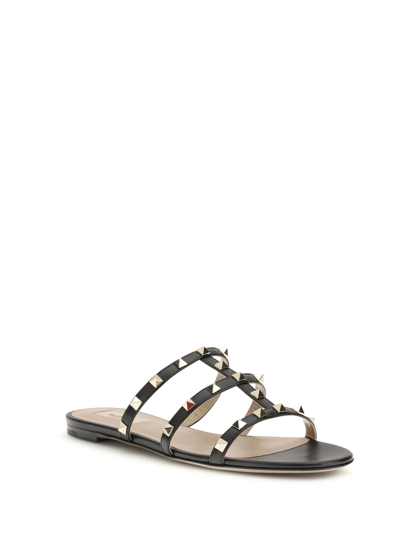 Valentino Black Calf Leather Bos Taurus Flat Sandals In Multi