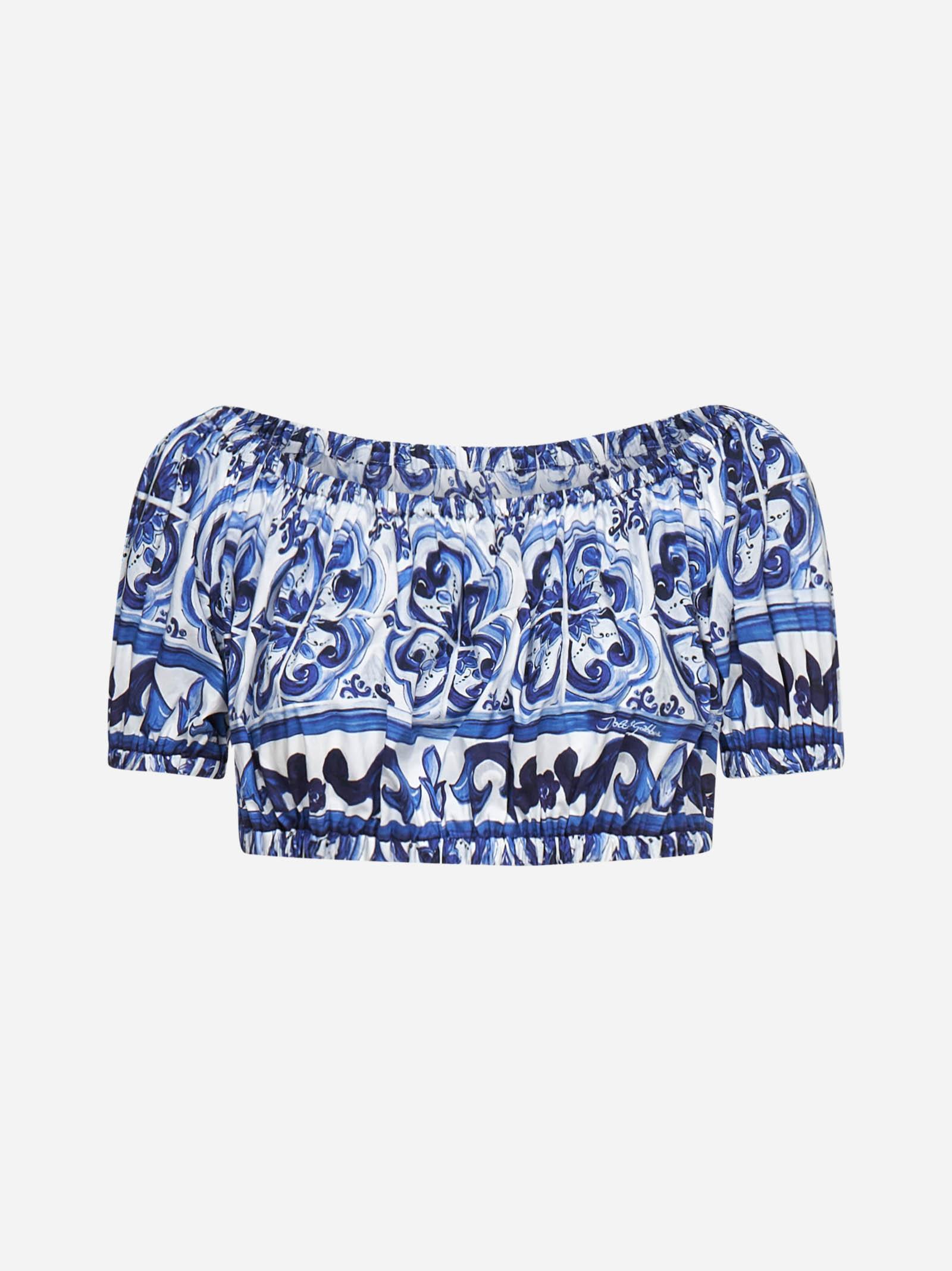 Shop Dolce & Gabbana Majolica Print Cotton Cropped Top In Blue