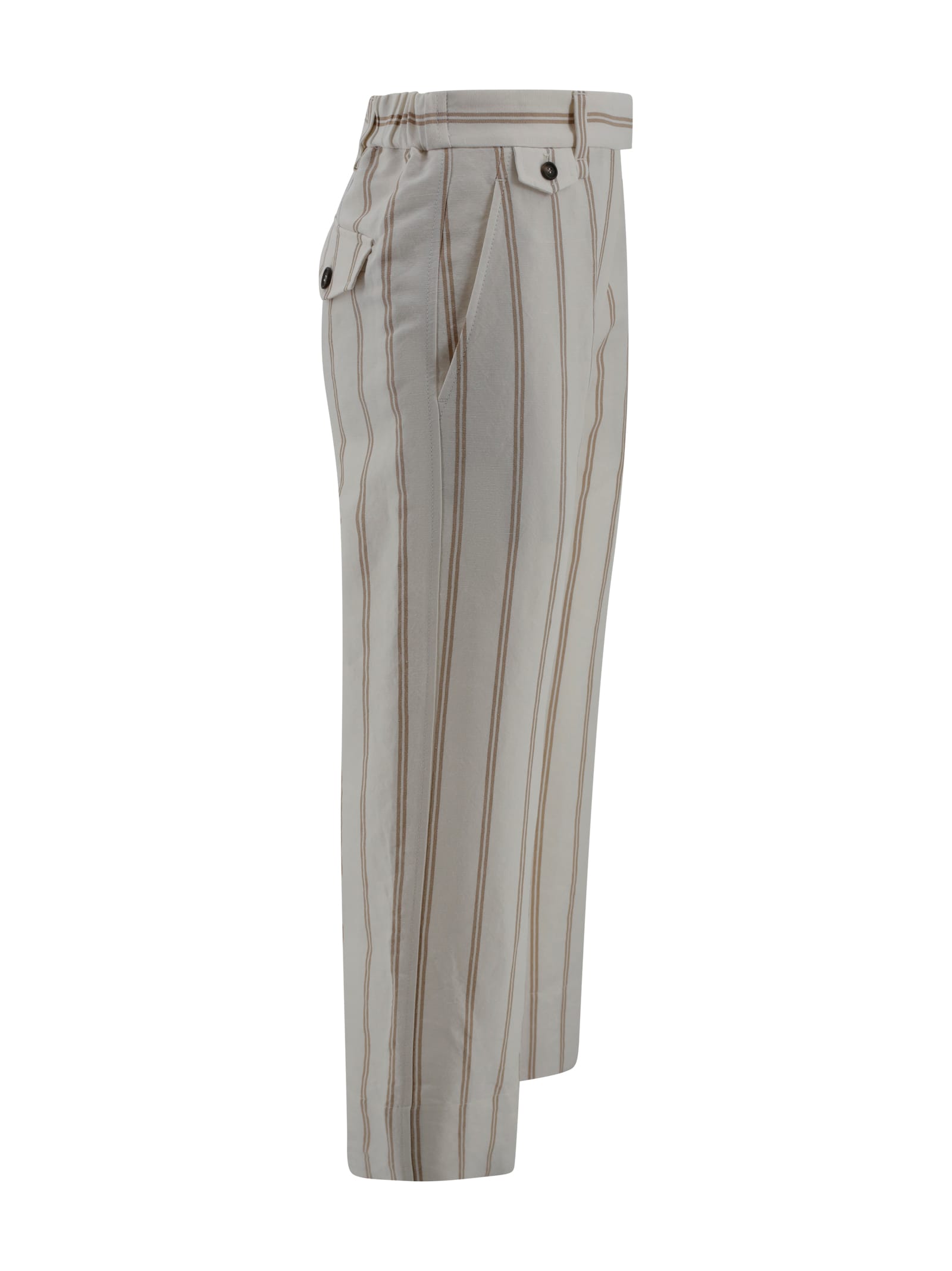BRUNELLO CUCINELLI MULTICOLOR CROP PANTS WITH ALL-OVER STRIPED MOTIF AND MONILE DETAIL IN LINEN AND COTTON BLEND WOMAN