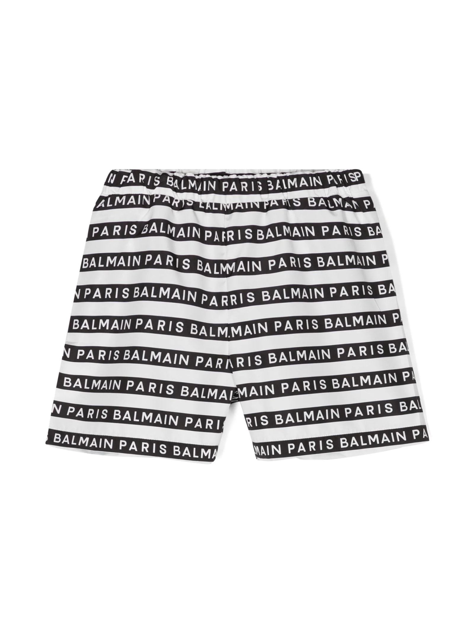Shop Balmain All-over Logo Striped Beach Boxer Shorts In Black