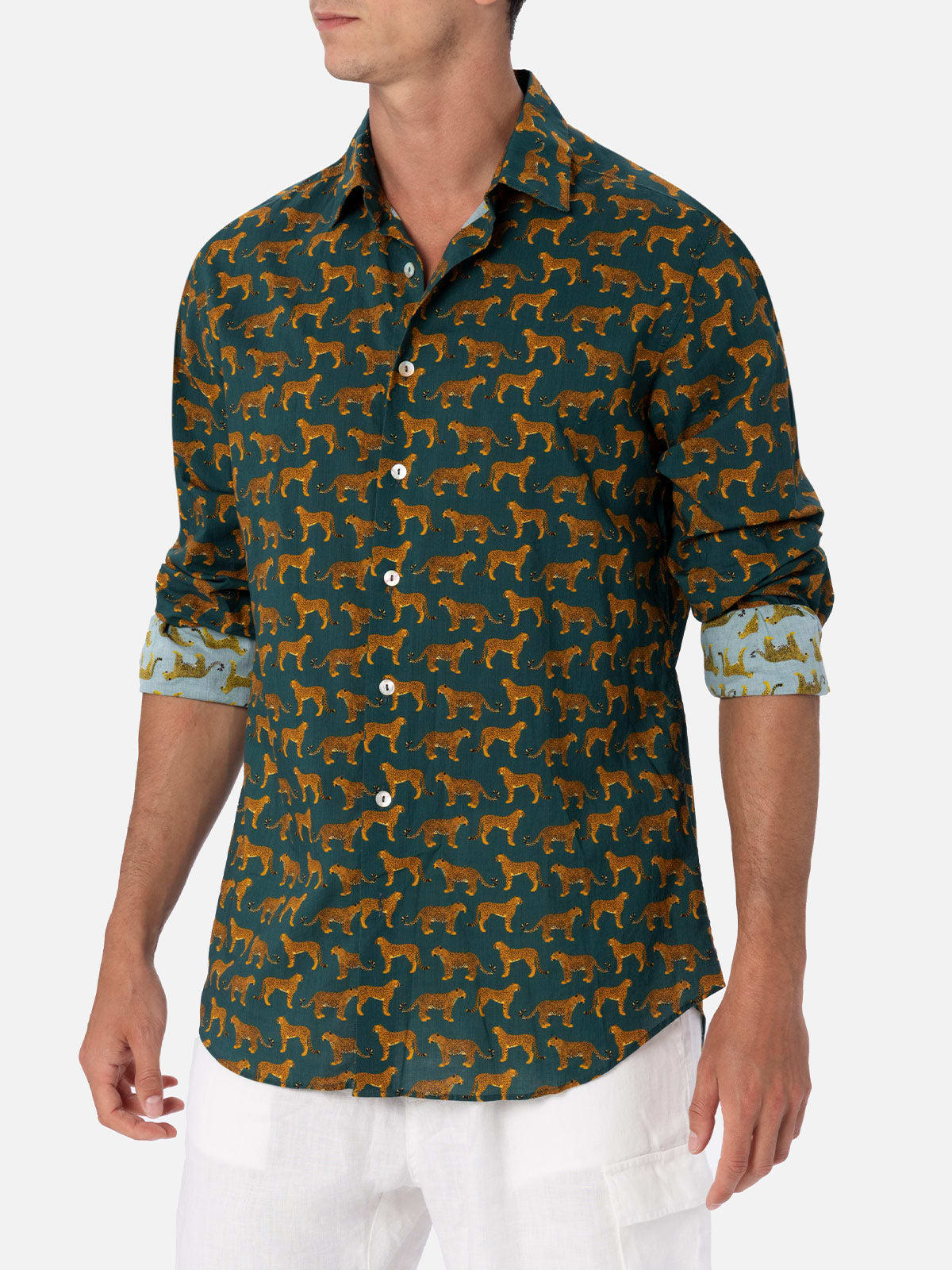 MC2 SAINT BARTH MAN MUSLIN COTTON SHIRT SIKELIA WITH CHEETA PRINT