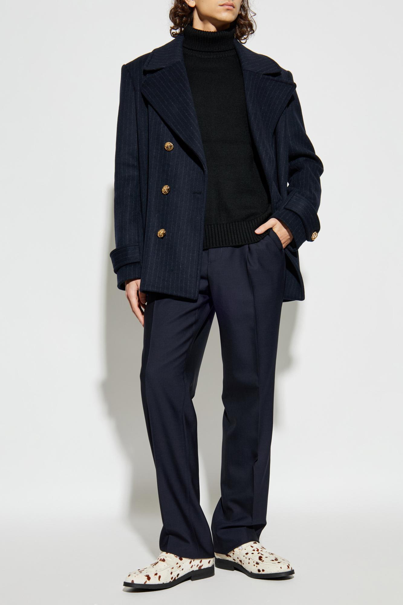 Balmain Merino Wool-blend Stripe Pea Coat In Blue