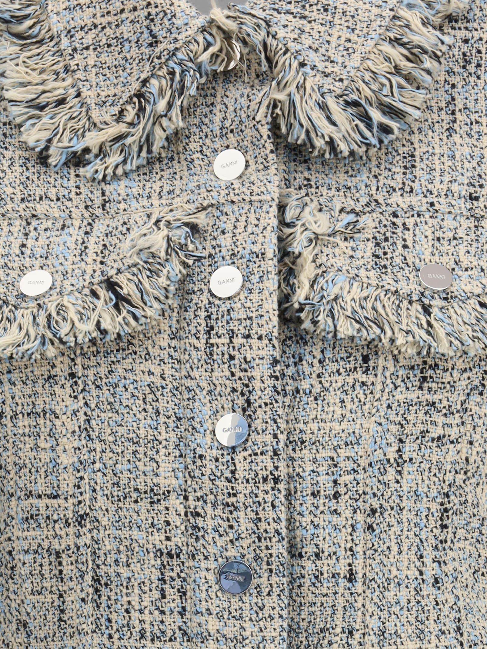 Ganni Tweed Cropped Blazer In Gray