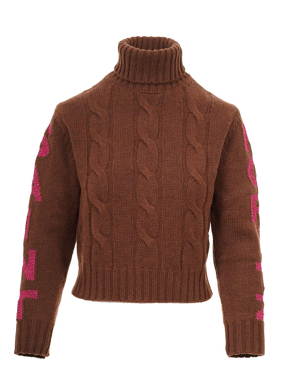 Mc2 Saint Barth Logo Intarsia-knit Turtleneck Jumper Sweater In Marrone