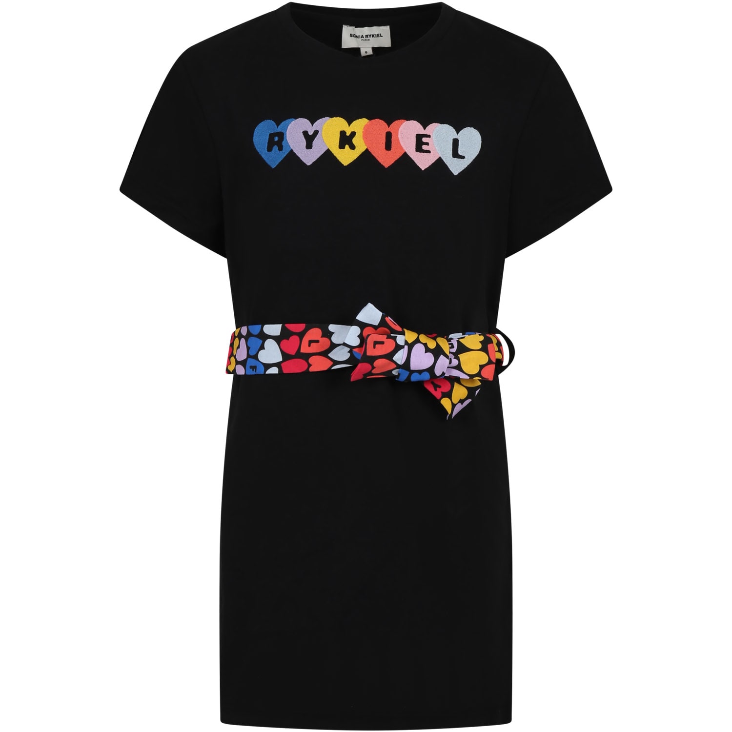 Rykiel Enfant Kids' Black Dress For Girl With Multicolor Belt And Logo
