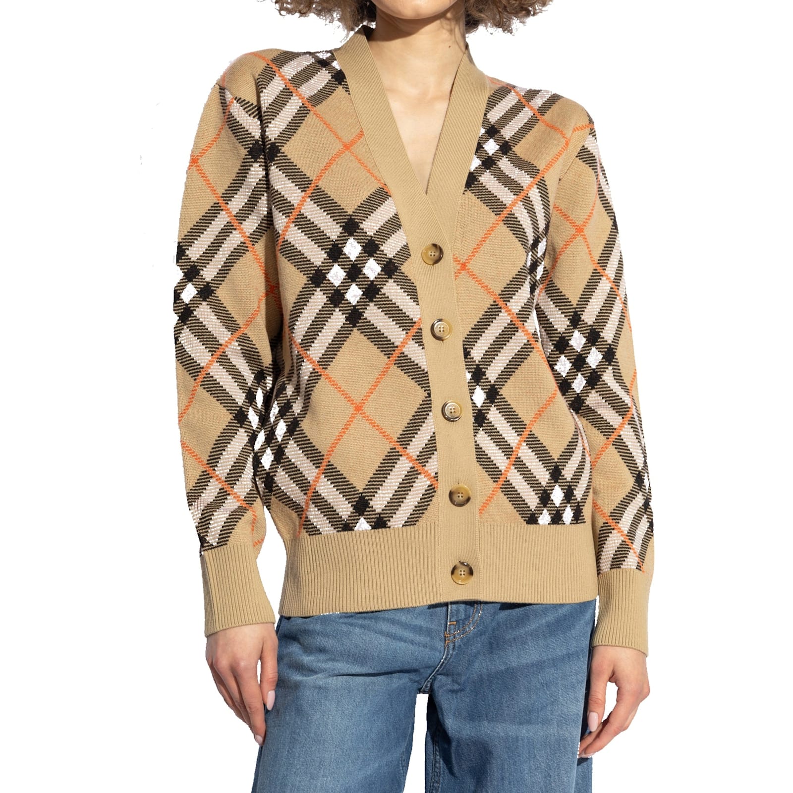Burberry Wool Check Cardigan In Brown