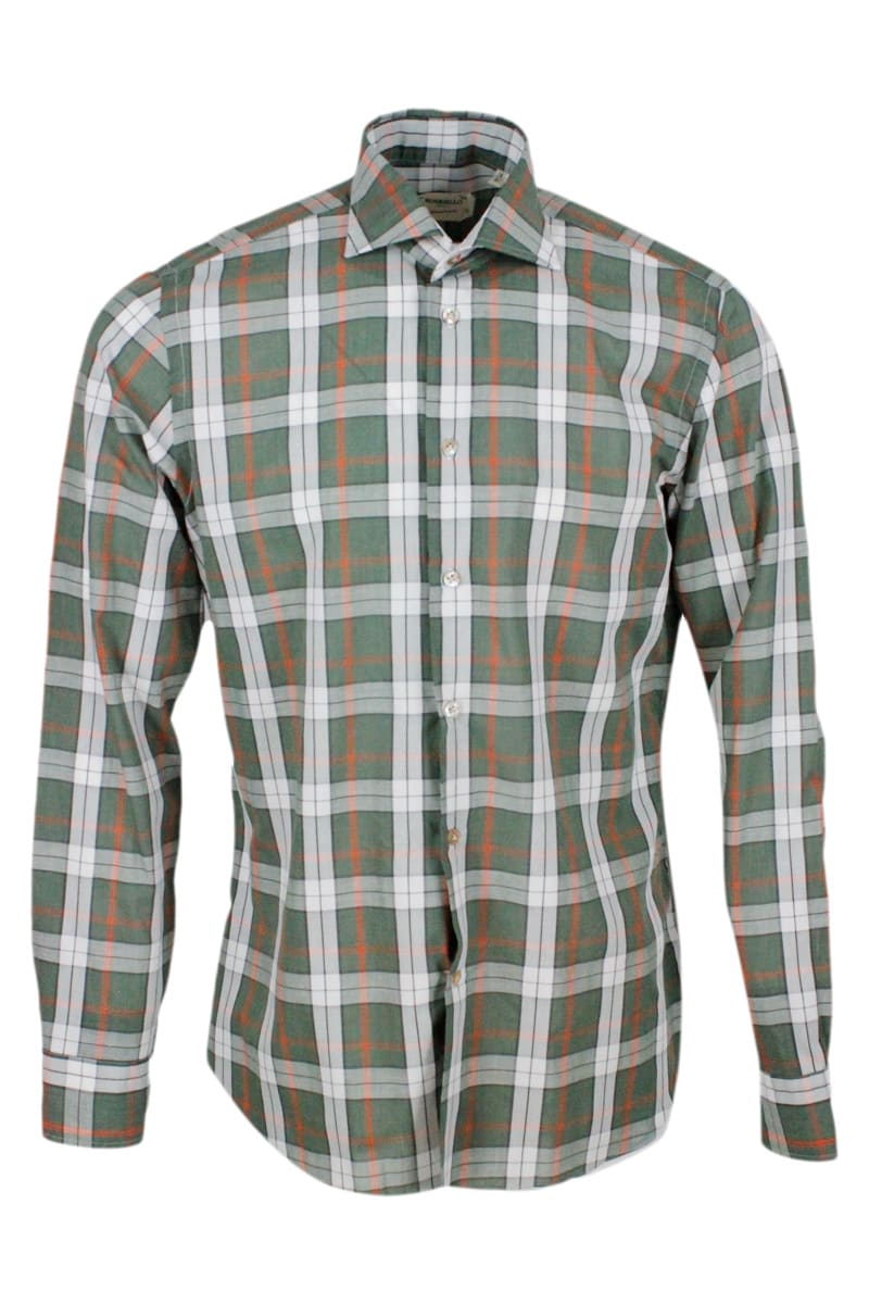 Borriello Napoli Checked Shirt In Cotton And Linen In Green
