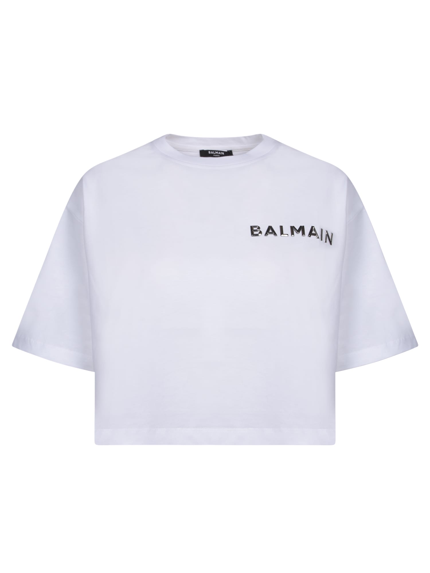 Shop Balmain White Laminated Logo T-shirt