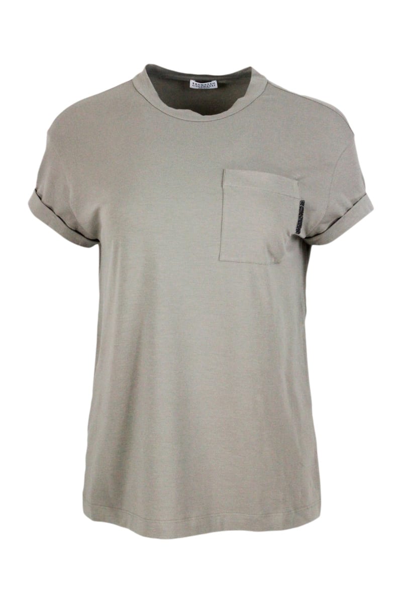 Shop Brunello Cucinelli Short-sleeved Oversized T-shirt In Stretch Cotton With Crew Neck And Pocket With Jewel In Military