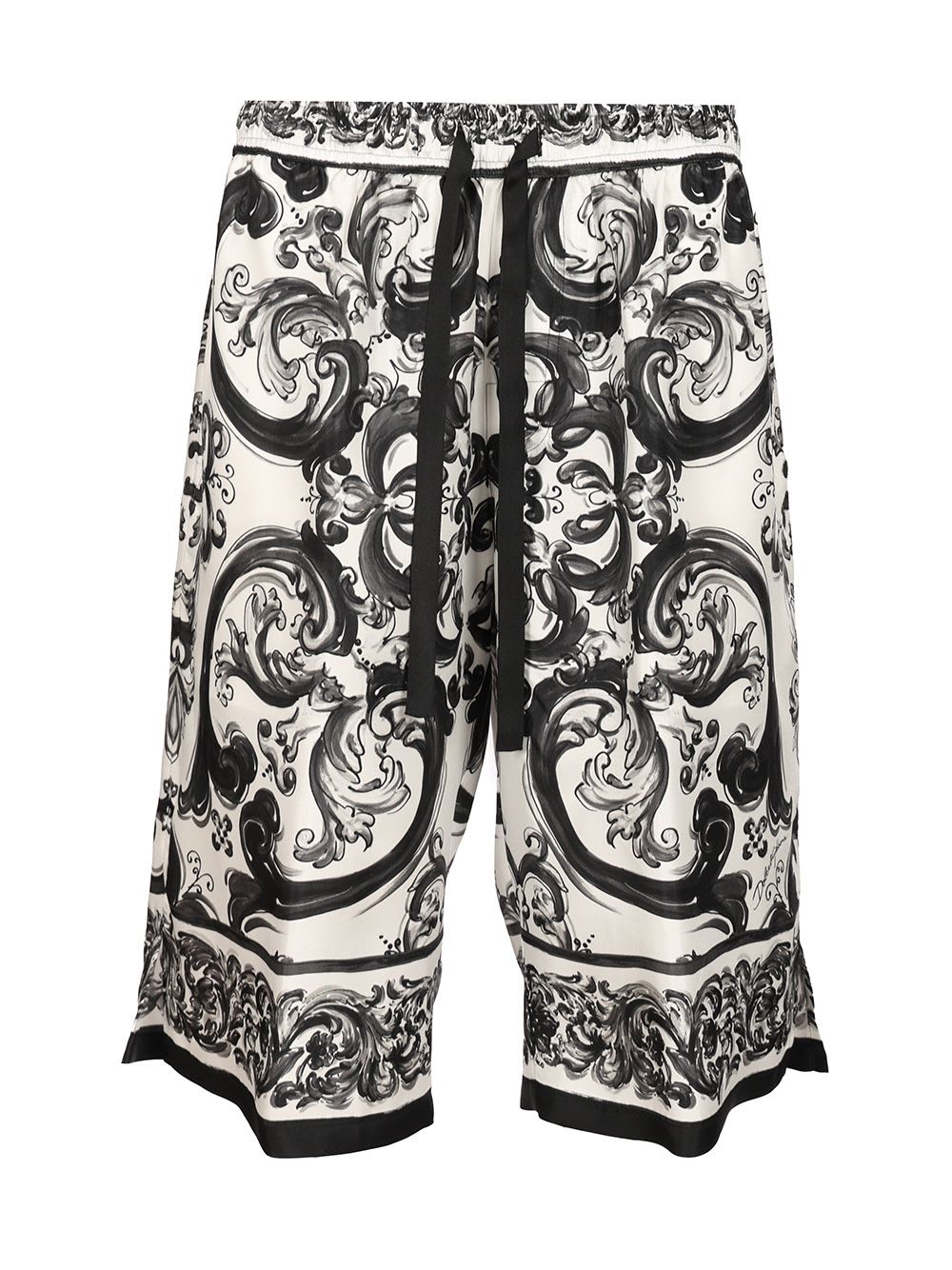 Dolce & Gabbana Bermuda Shorts In Silk With Majolica Print Trousers Black In Black