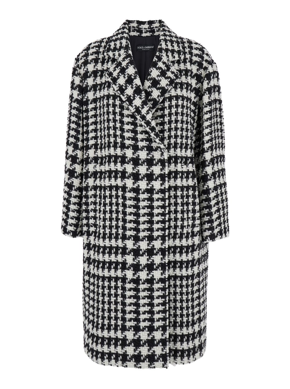 Shop Dolce & Gabbana Black And White Coat With All-over Check Motiv In Wool Blend Woman