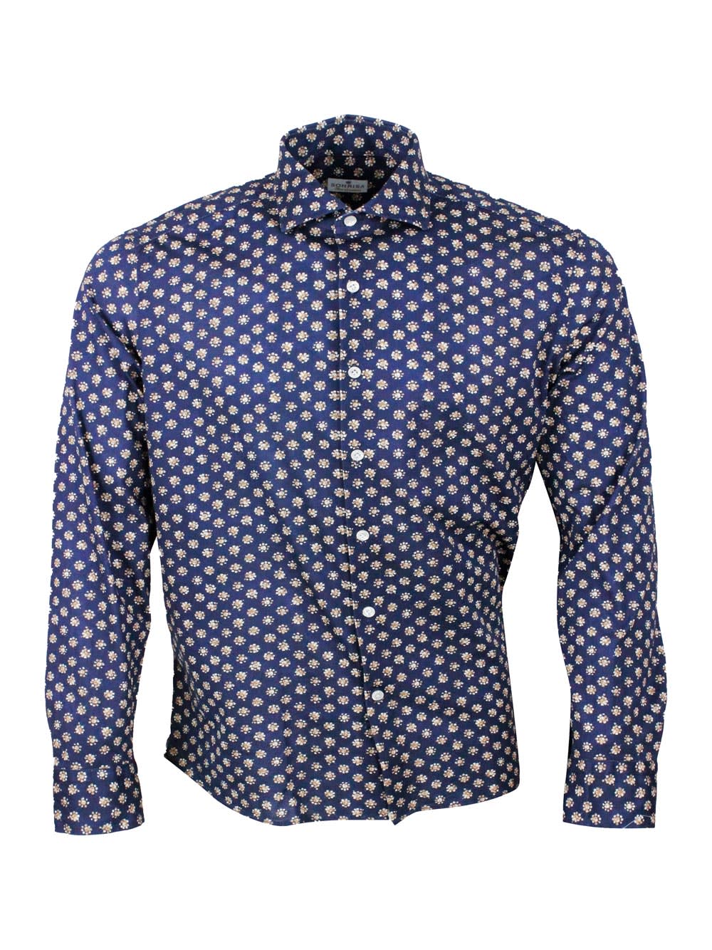 Sonrisa Luxury Shirt In Soft, Precious And Very Fine Stretch Cotton Flower With Spread Collar In Small Beige In Blu