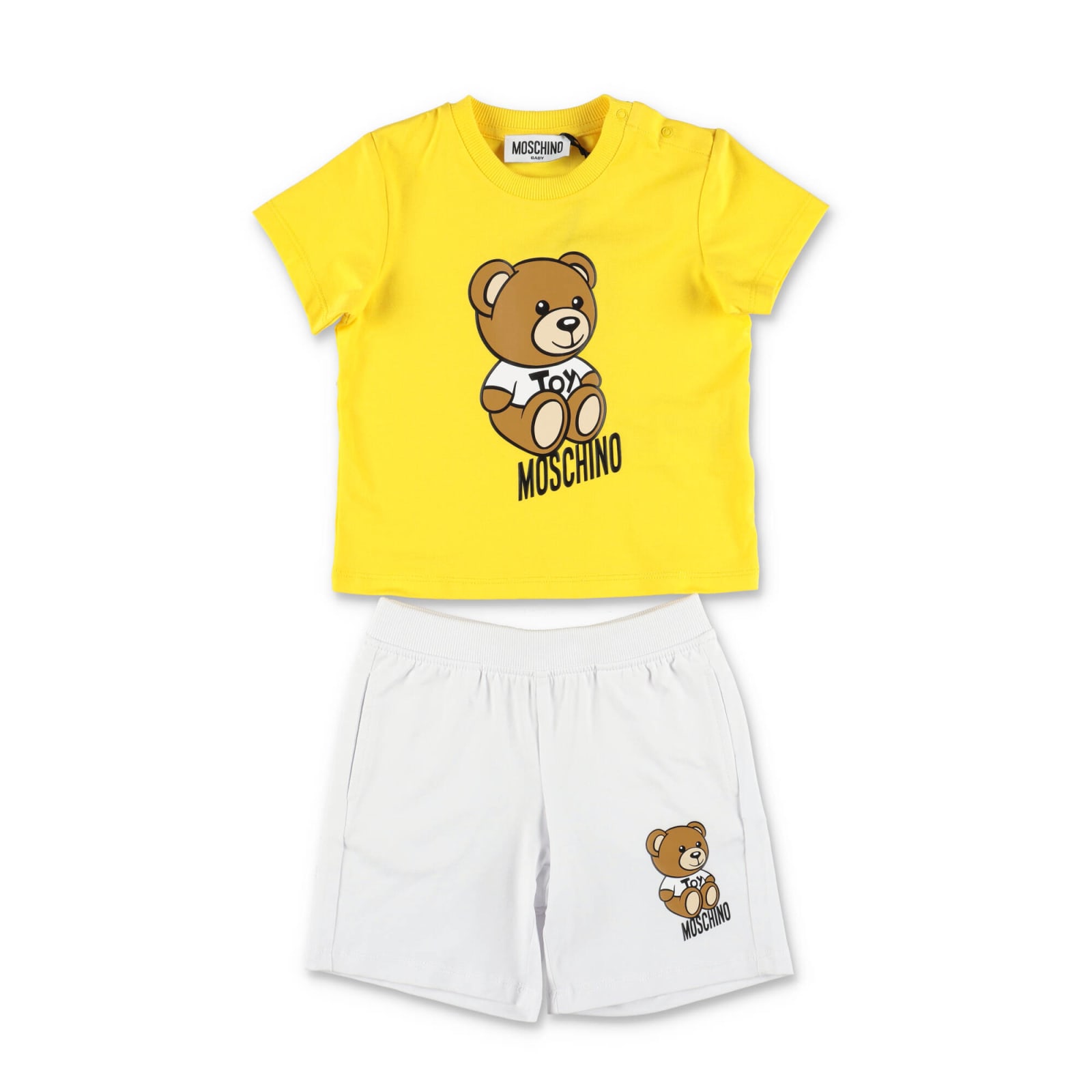 Moschino Completo Teddy Bear Due Pezzi In Jersey Di Cotone Con T-shirt Gialla E Shorts Bianco Baby Boy