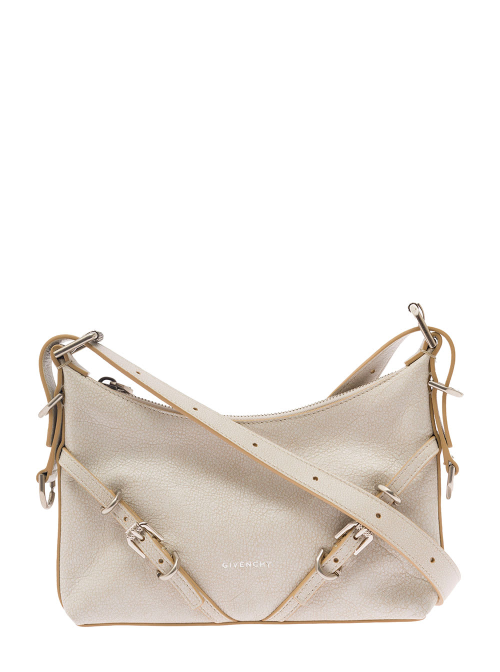 Givenchy Mini Voyou White Shoulder Bag With Buckles Embellishment In Hammered Leather Woman