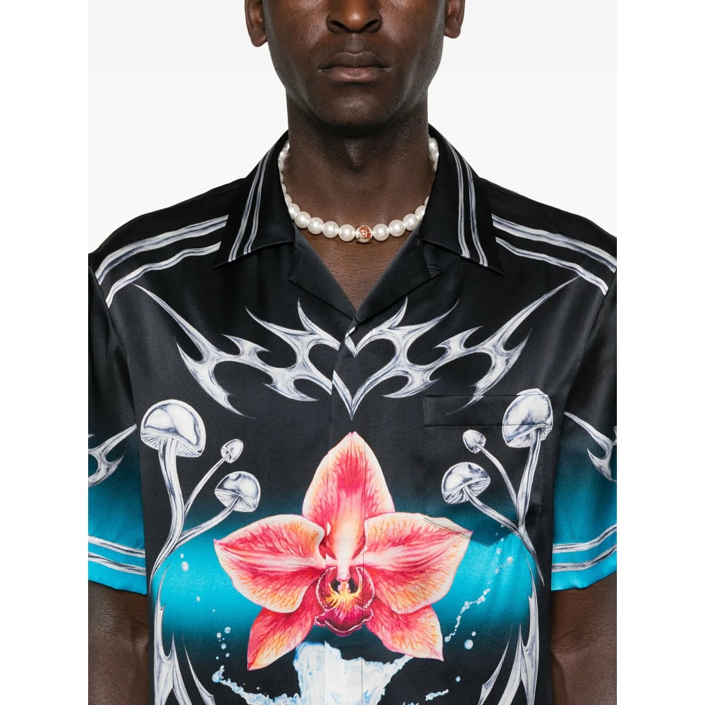 Casablanca Black Blades Short Sleeve Silk Satin Shirt In Multi