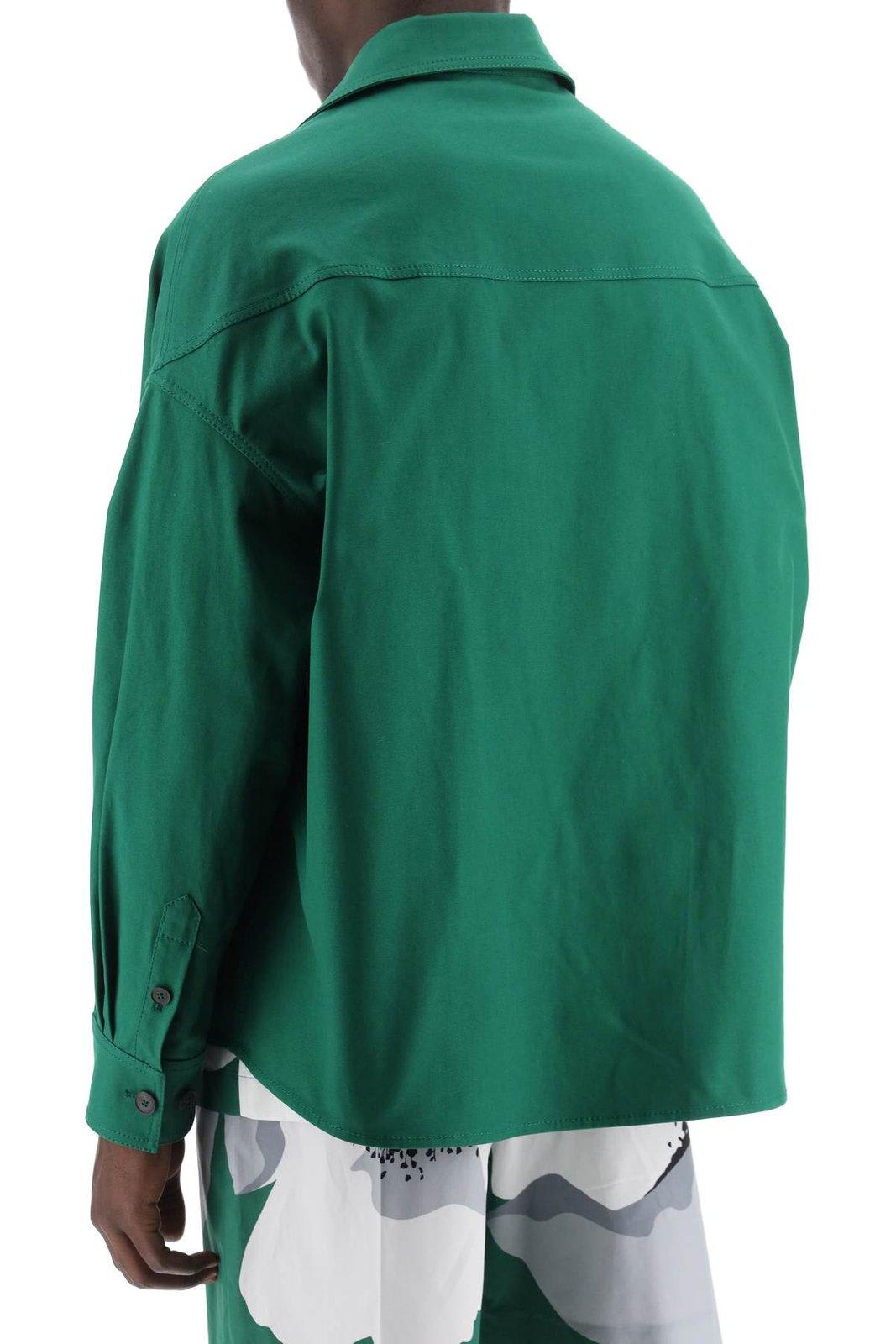 Shop Valentino Logo Plaque Long-sleeved Overshirt In Green