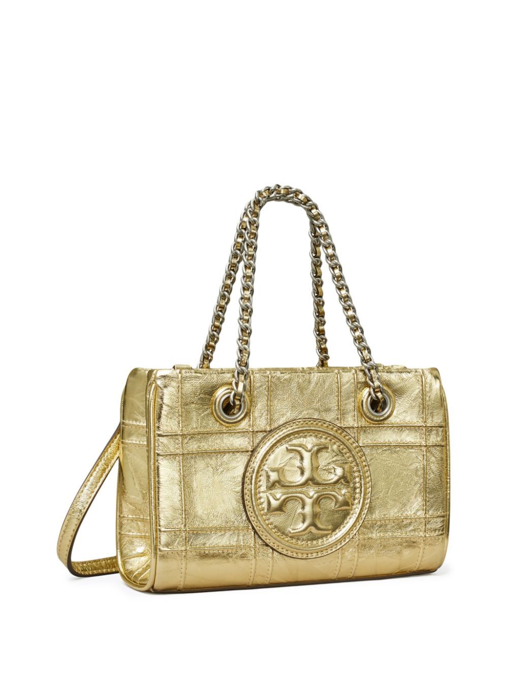 Shop Tory Burch Fleming Soft Metallic Quilt Mini Chain Tote In Kt Gold