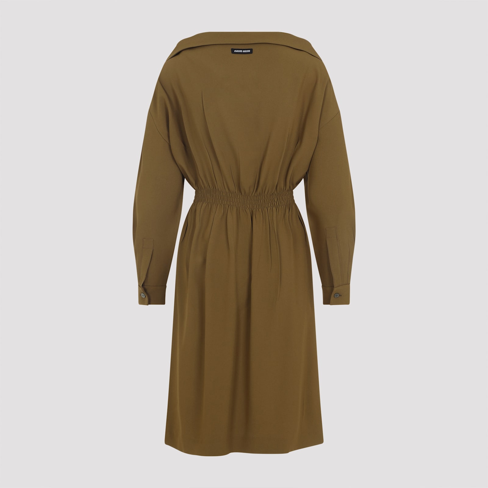 Miu Miu Long Sleeve Dress With Pockets And Elastic Waist In Green