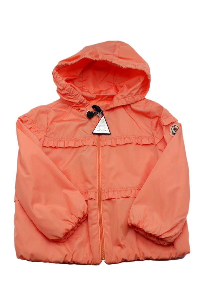 Moncler Kids' Hiti Jacket In Light Nylon With Hood, Embellished With Ruffles And Zip Closure. In Orange