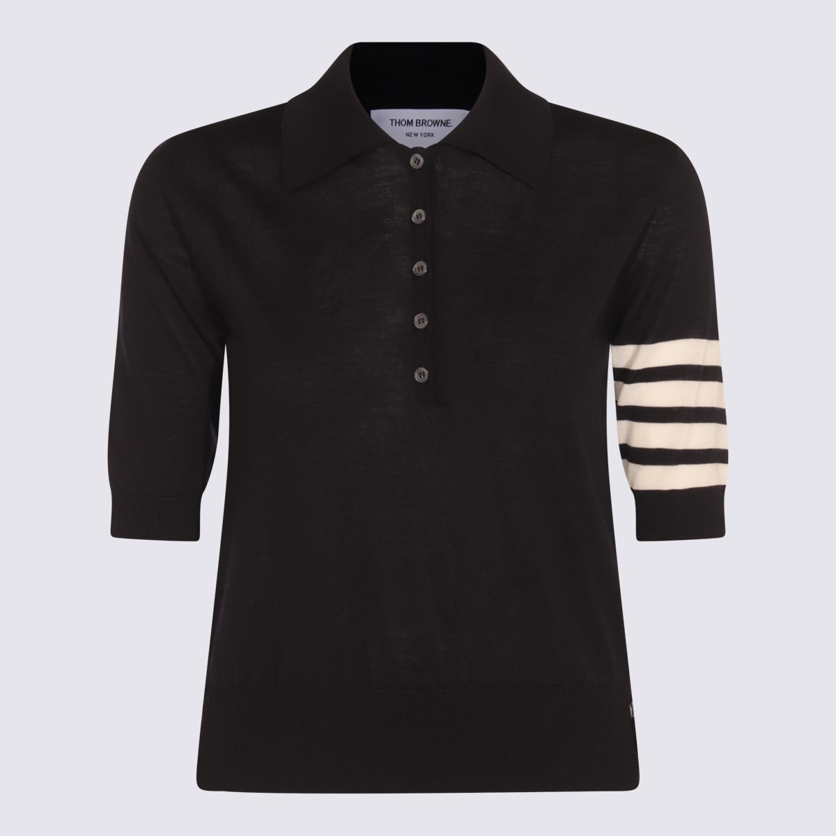 Thom Browne Navy Blue Fine-knit Polo Top In Blue