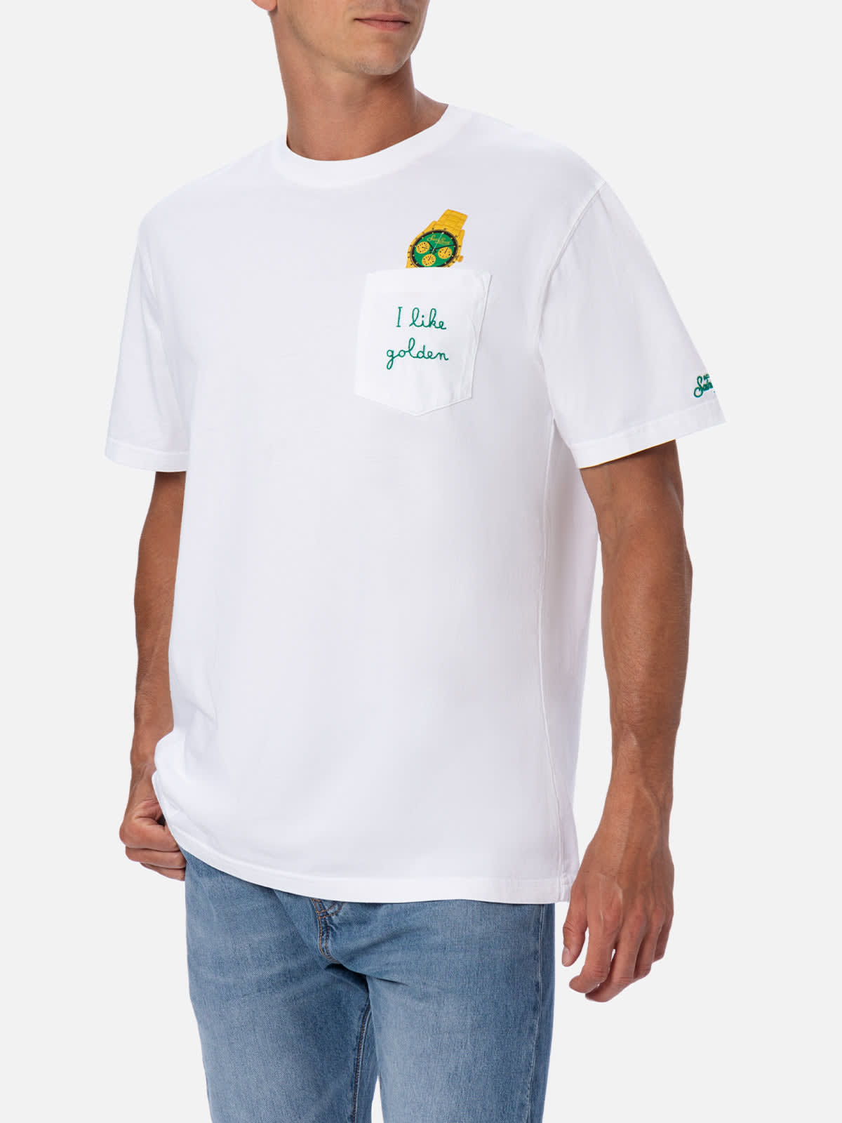 MC2 SAINT BARTH MAN COTTON T-SHIRT AUSTIN WITH WATCH PRINT AND EMBROIDERY
