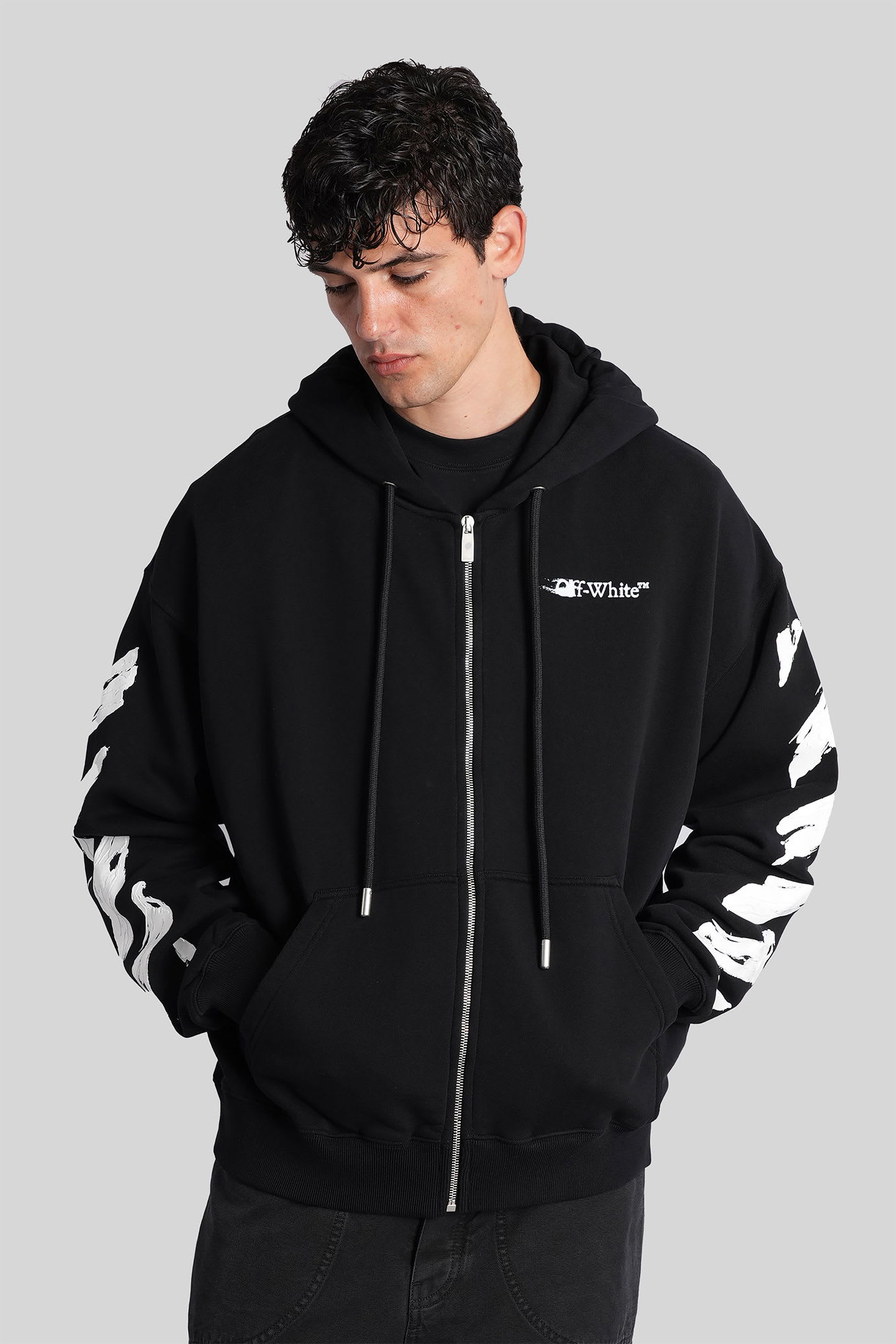 Off-white Brushstroke Arrow Print Zip-up Hoodie In Black