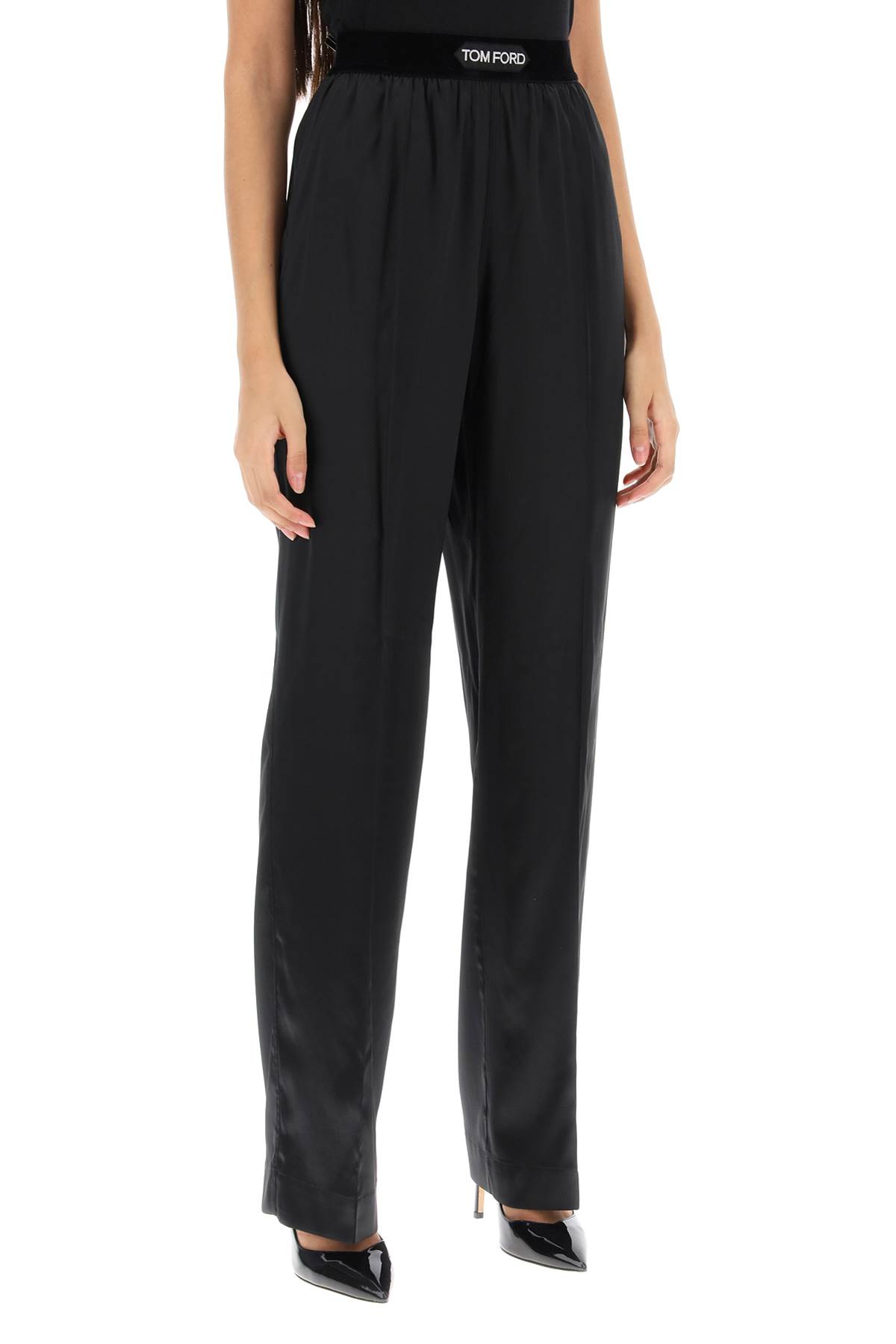 Tom Ford Black Loose Pants With Logo In Stretch Silk Woman In Black