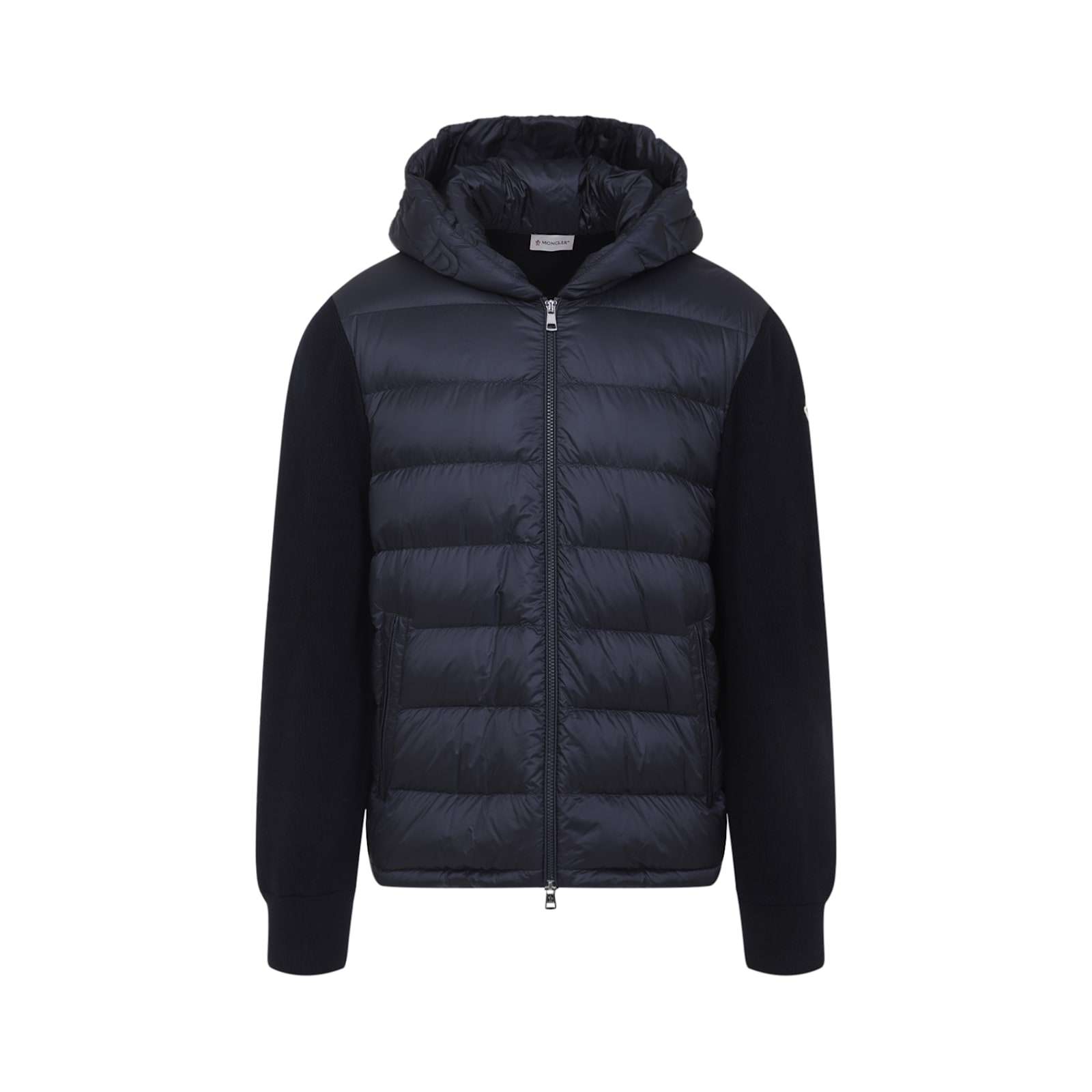 Moncler Insulated Front Jacket With Knitted Sleeves In Blue