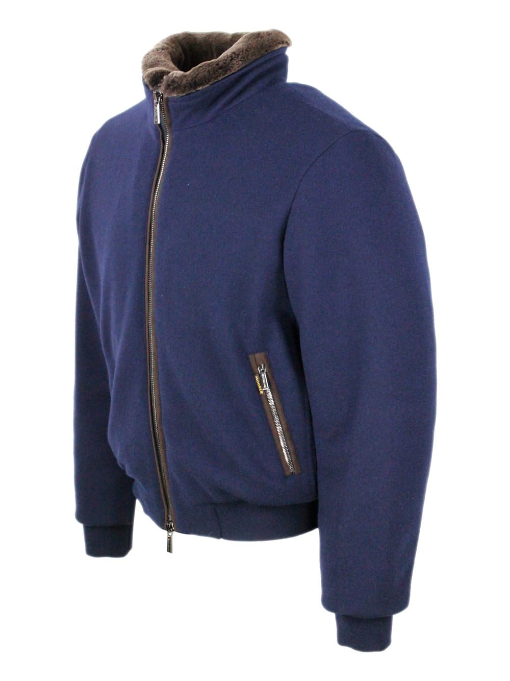 Moorer Padded Fleece Zip-up Jacket With Detachable Faux-fur Collar In Blue