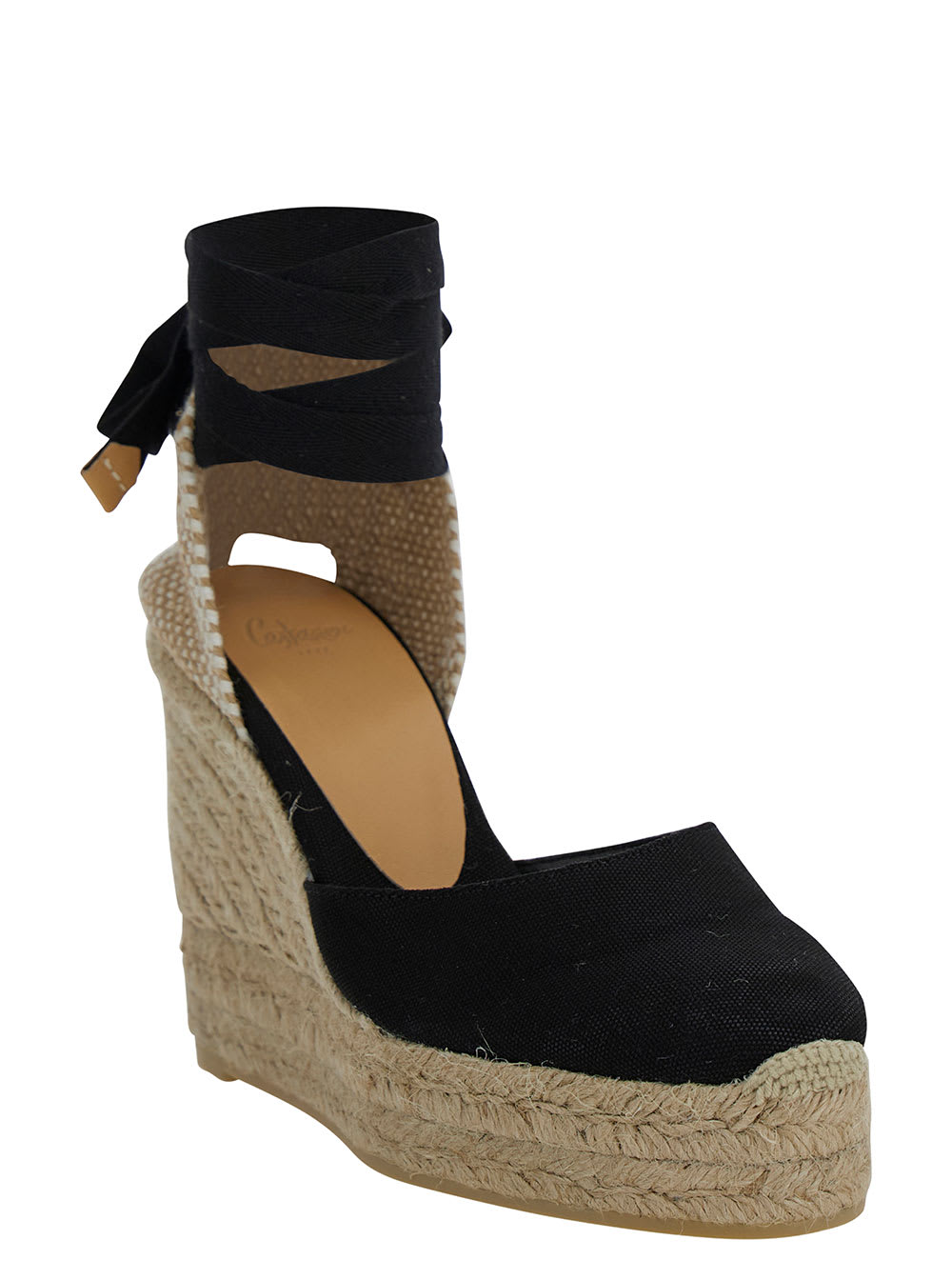 Shop Castaã±er Carina Beige And Black Espadrille Wedge In Cotton And Rafia Woman