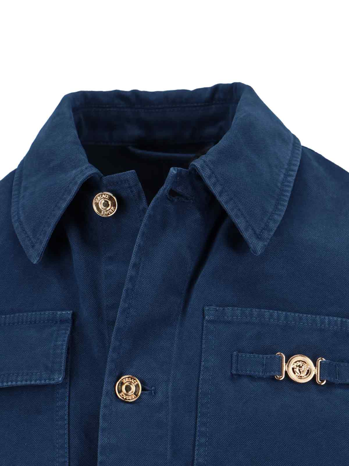 Versace Collared Jacket Front Pockets Gold Tone Hardware In Blue