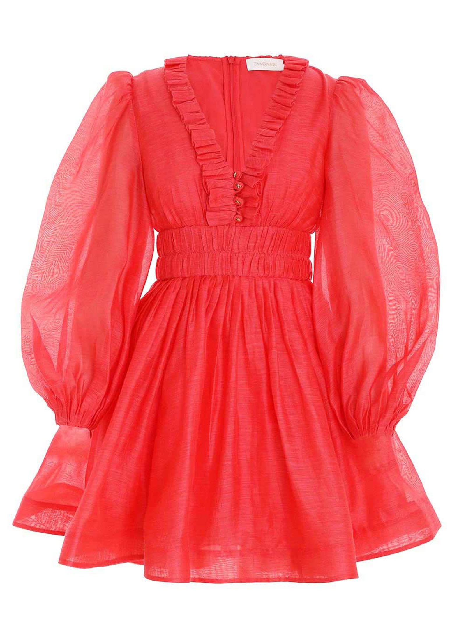 Zimmermann Red Linen And Silk Prima Frill Dress