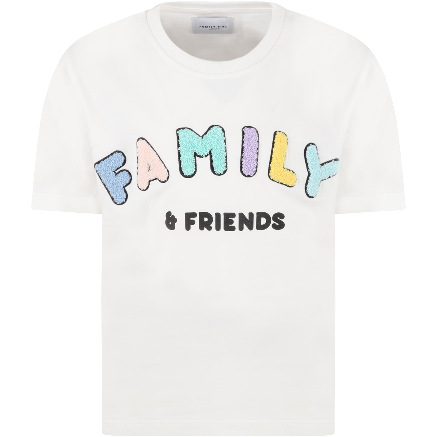 Family First Milano White T-shirt For Kids With Colorful Logo