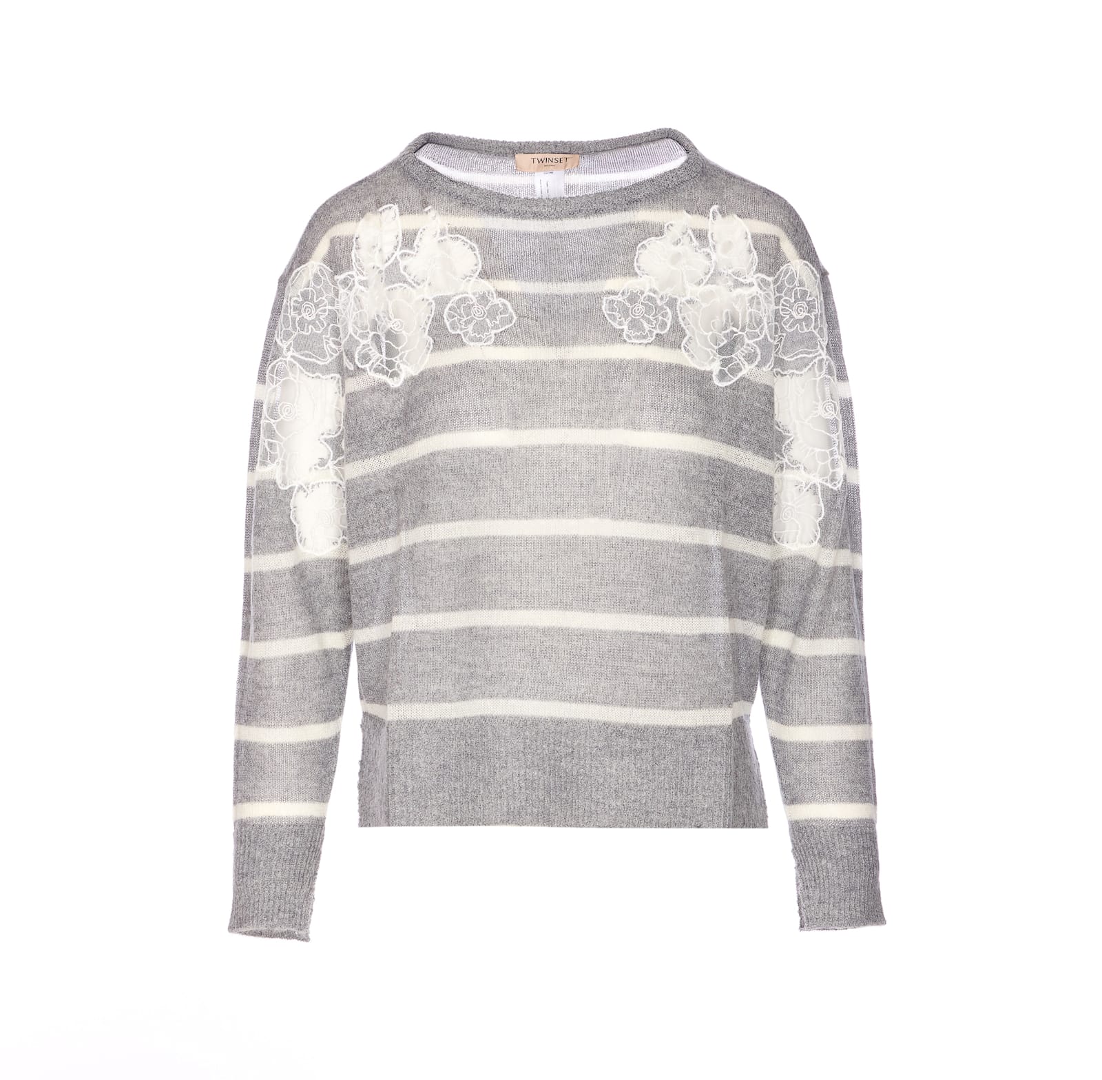 Twinset Grey Striped Sweater With Lace Floral Embellishment And Embroidered Detail In Gray