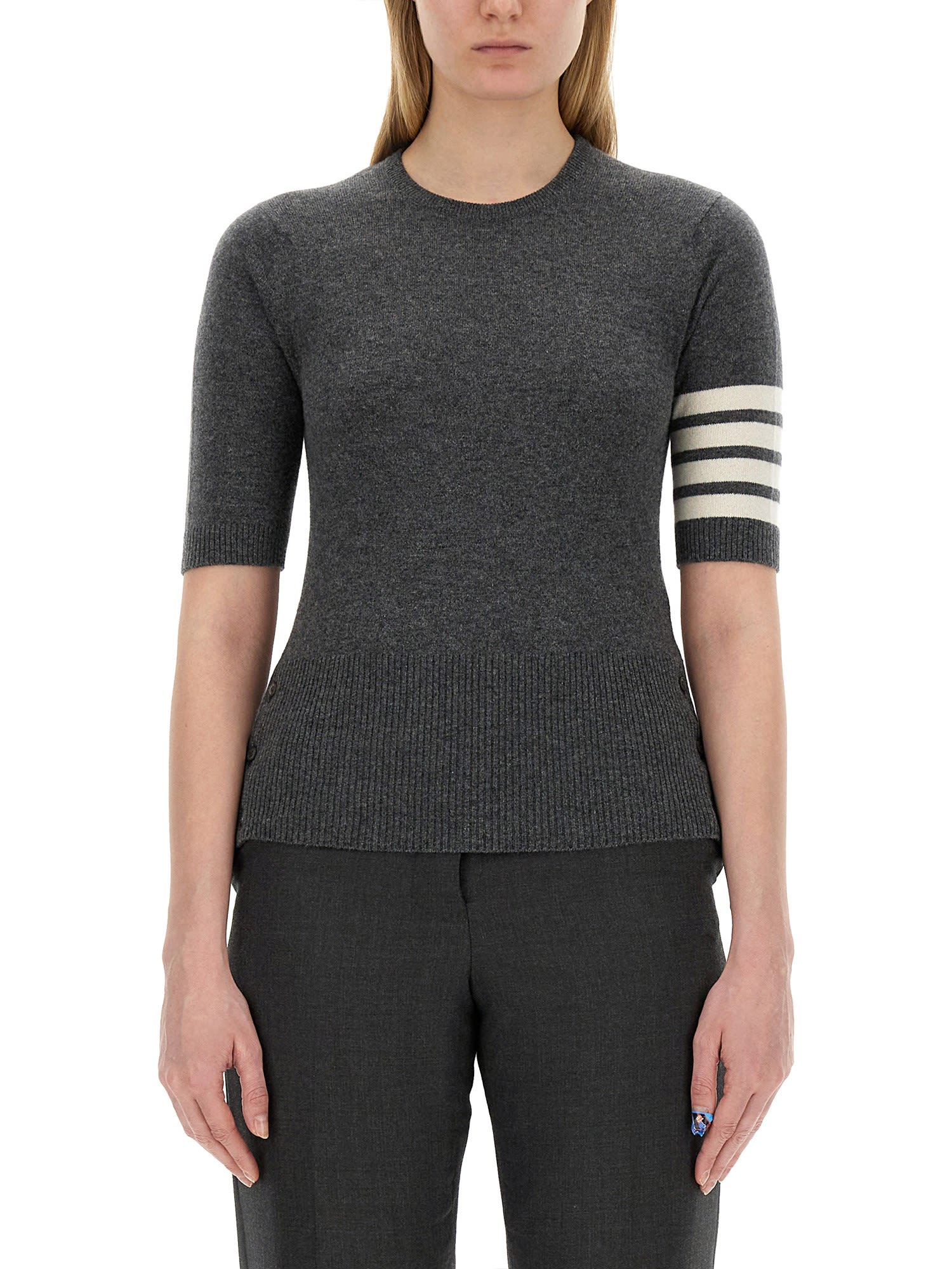 Thom Browne Striped Detail Shortsleeved Jumper In Grigio