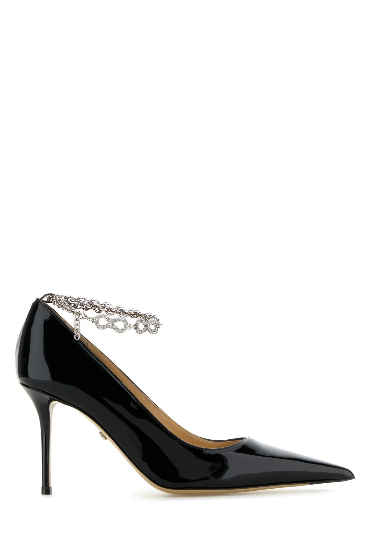 Mach & Mach Bow Chain Black Patent Leather Pointed Toe Pumps(