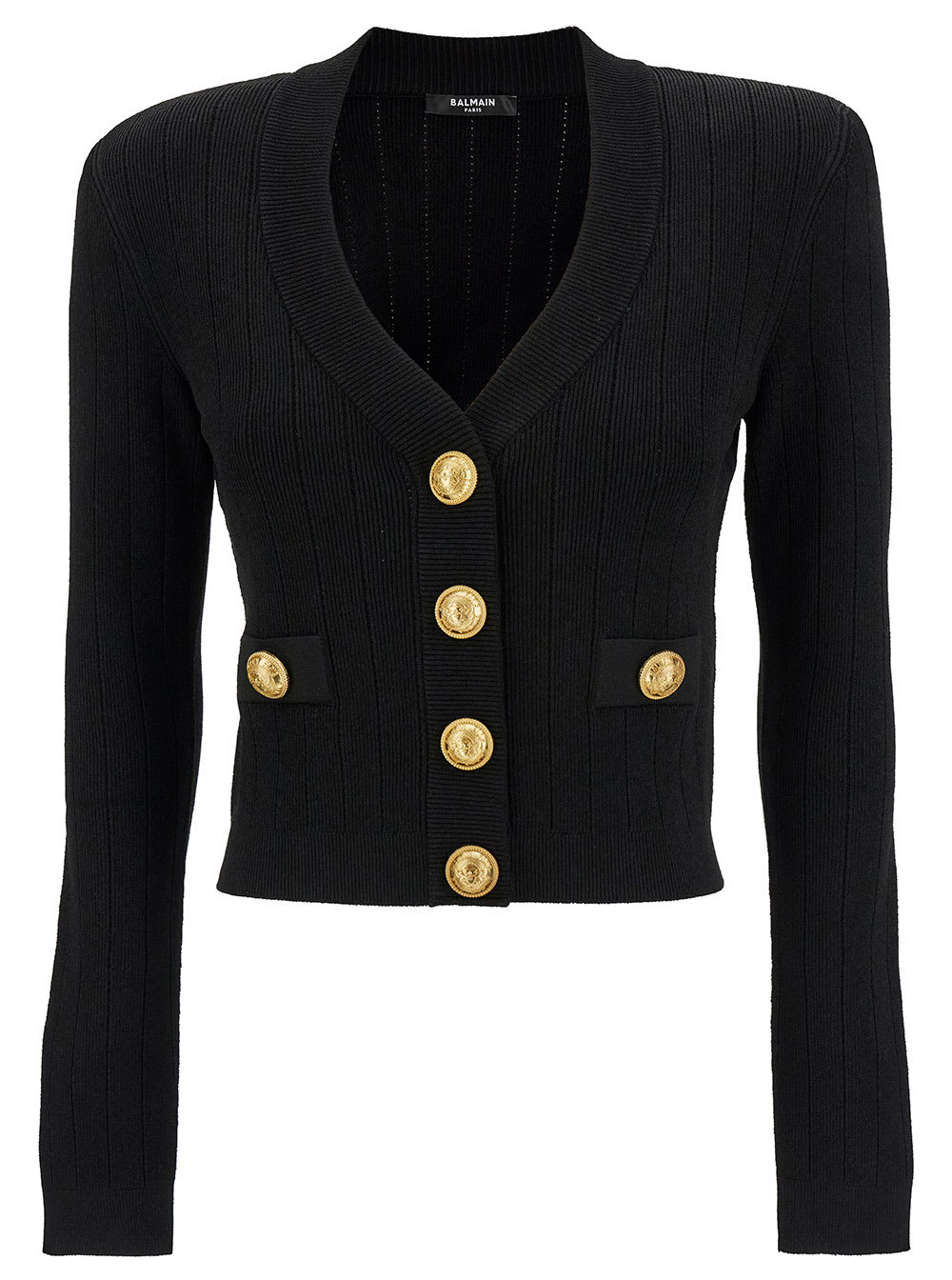 Shop Balmain Black Fitted Cardigan With V Neckline And Jewel Buttons In Knit Woman