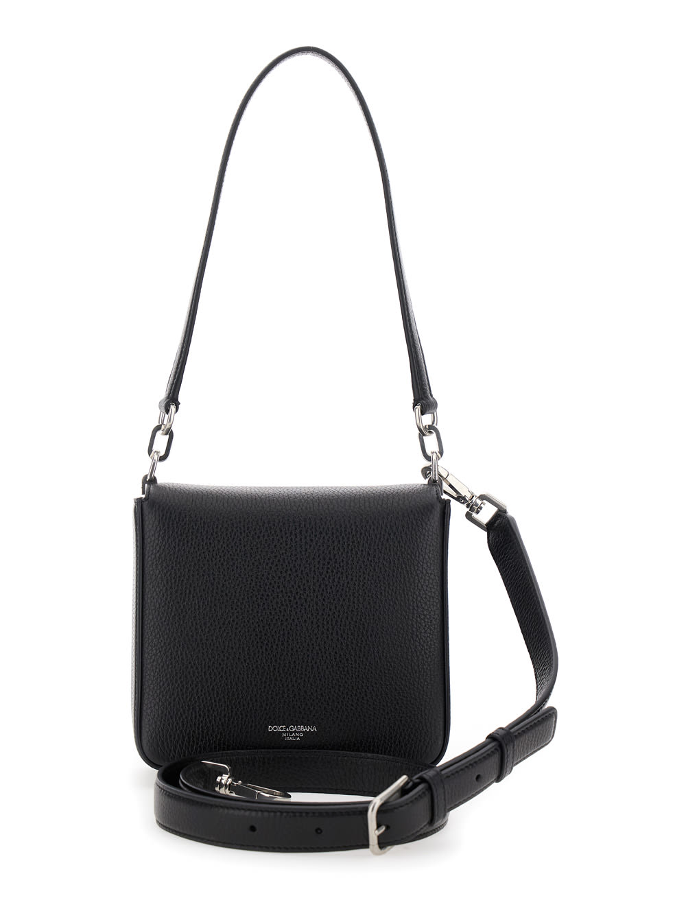 Dolce & Gabbana Marlene Black Shoulder Bag With Twist Closure And Logo On The Back In Hammered Leather Man In Black