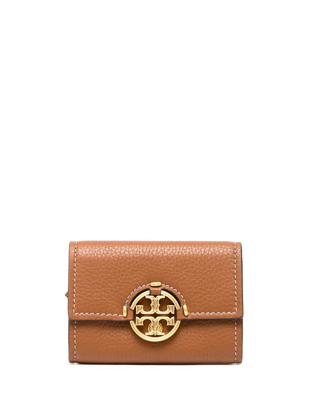 Tory Burch Brown Leather Wallet With Logo Buckle