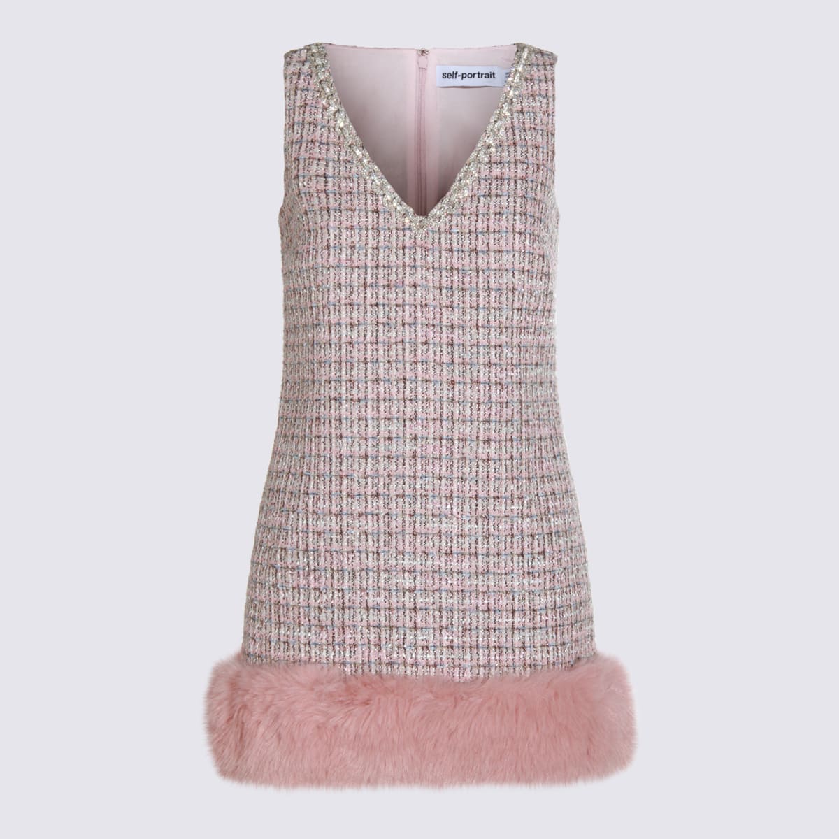 Self-portrait Embellished Fur-trimmed Dress In Pink