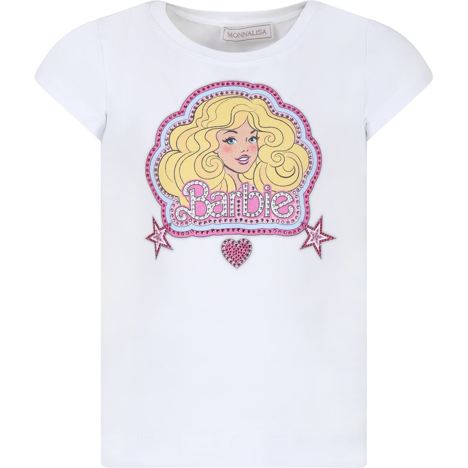 Shop Monnalisa White Crop T-shirt For Girl With Barbie Print And Rhinestone