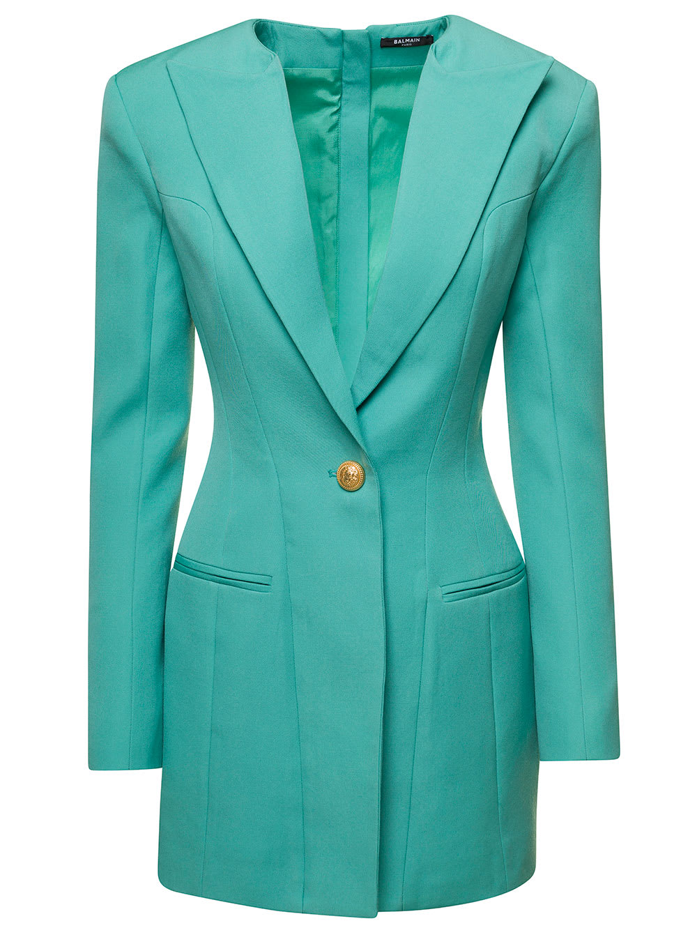 Shop Balmain Light Blue Tailored Blazer Dress With Padded Shoulders In Wool Woman In Green