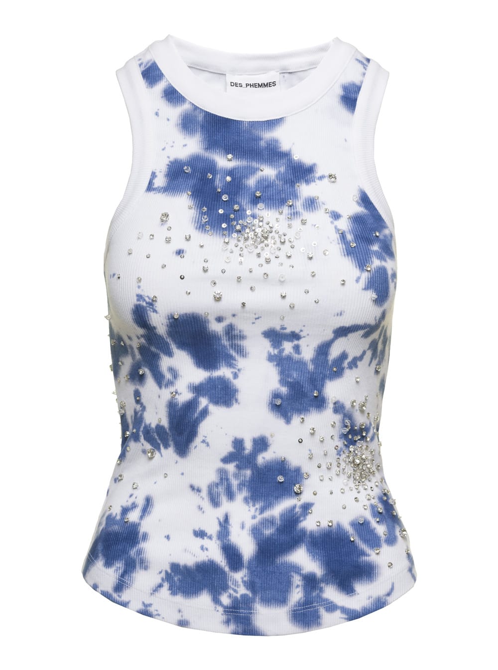 Shop Des Phemmes White Tank Top With Sequins And Tie Die In Cotton Woman In Blu
