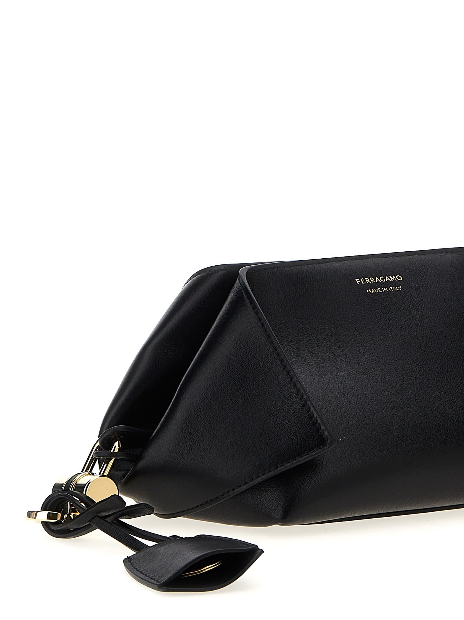 Ferragamo Chain Strap Leather Clutch With Gold-tone Hardware In Black