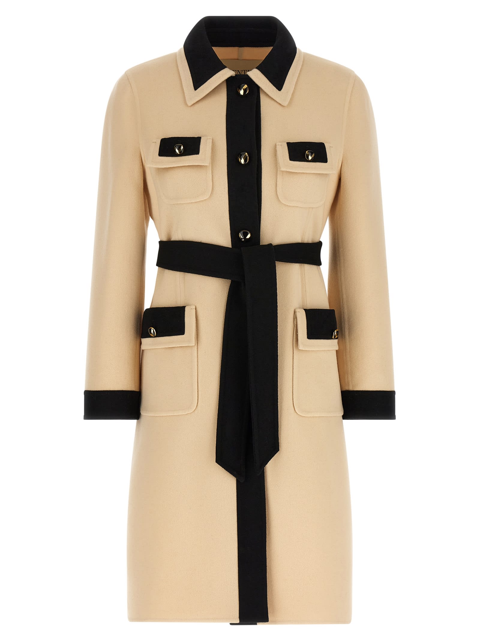 Valentino Wool Coat With Belted Waist And Contrast Trim In Multi
