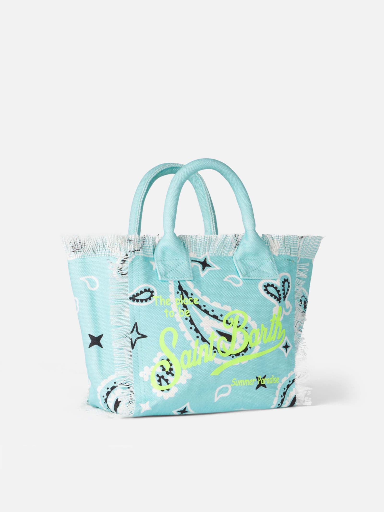 MC2 SAINT BARTH COLETTE WATER GREEN COTTON CANVAS HANDBAG WITH BANDANNA PRINT