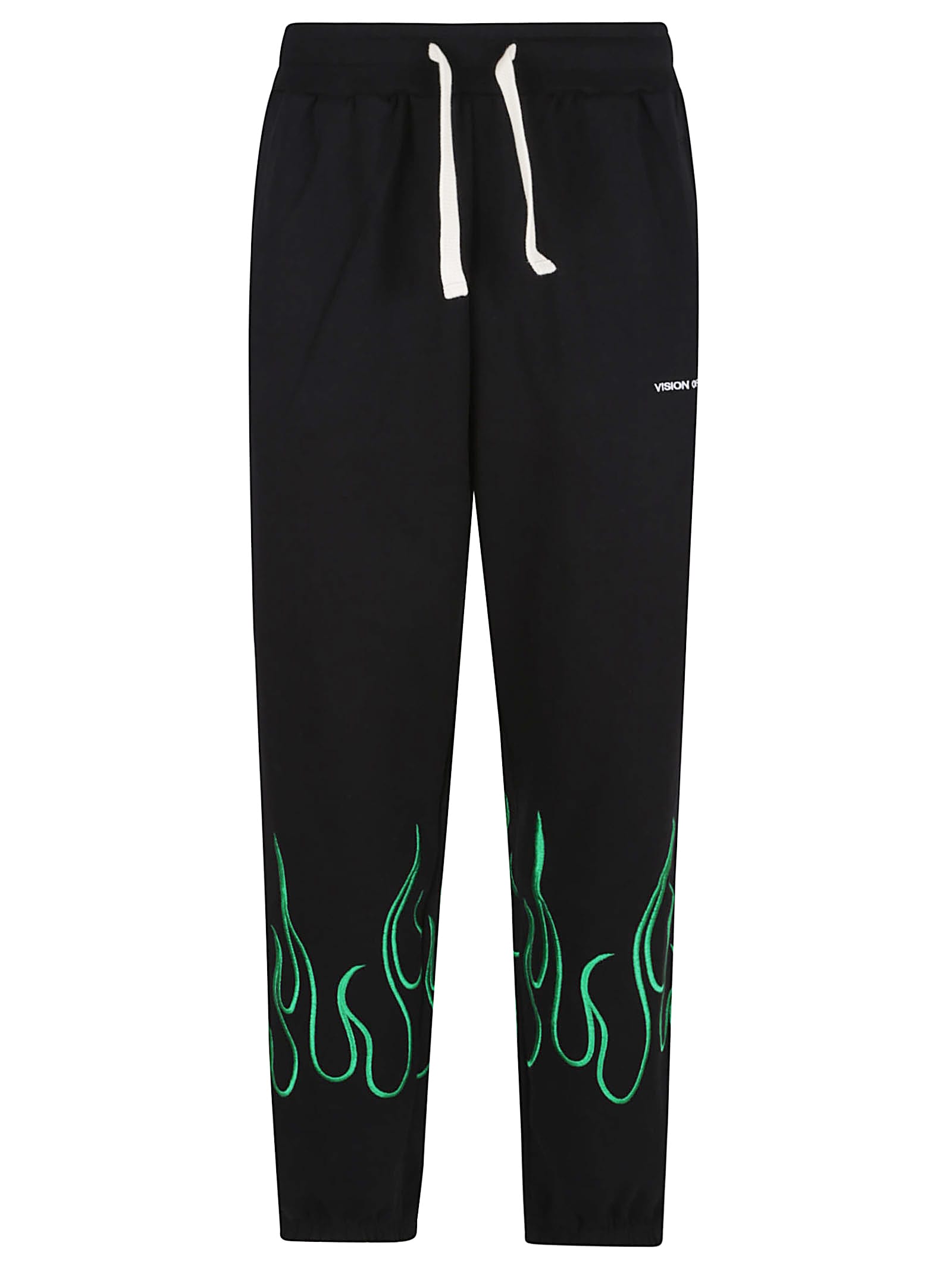 Black Pants With Embroidered Green Flames, White Logo