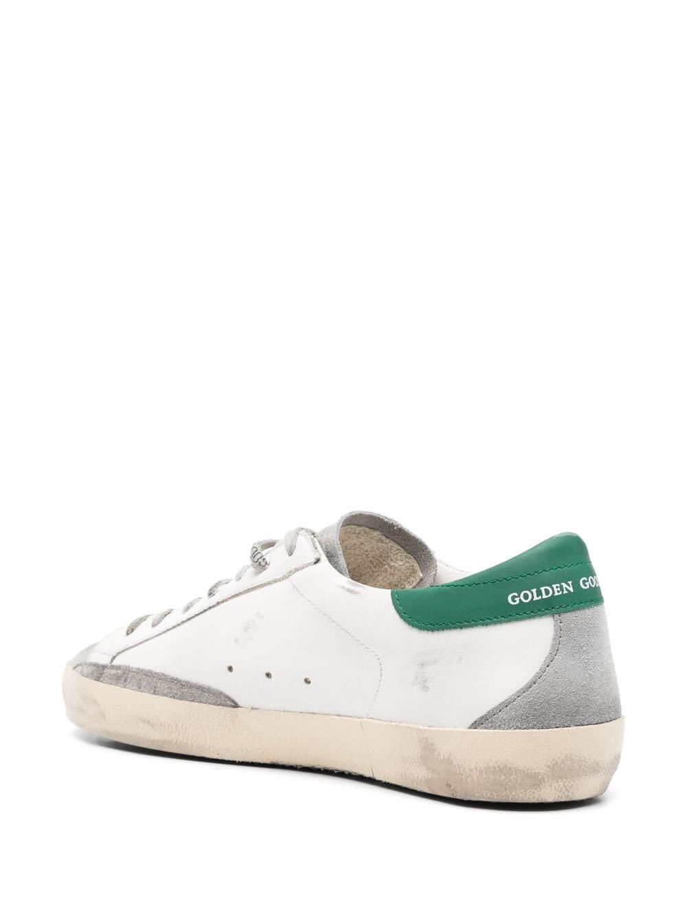 Shop Golden Goose Super-star Leather Upper And Heel Suede Toe And Spur Laminated Star Metal Lettering In White Grey Silver Green