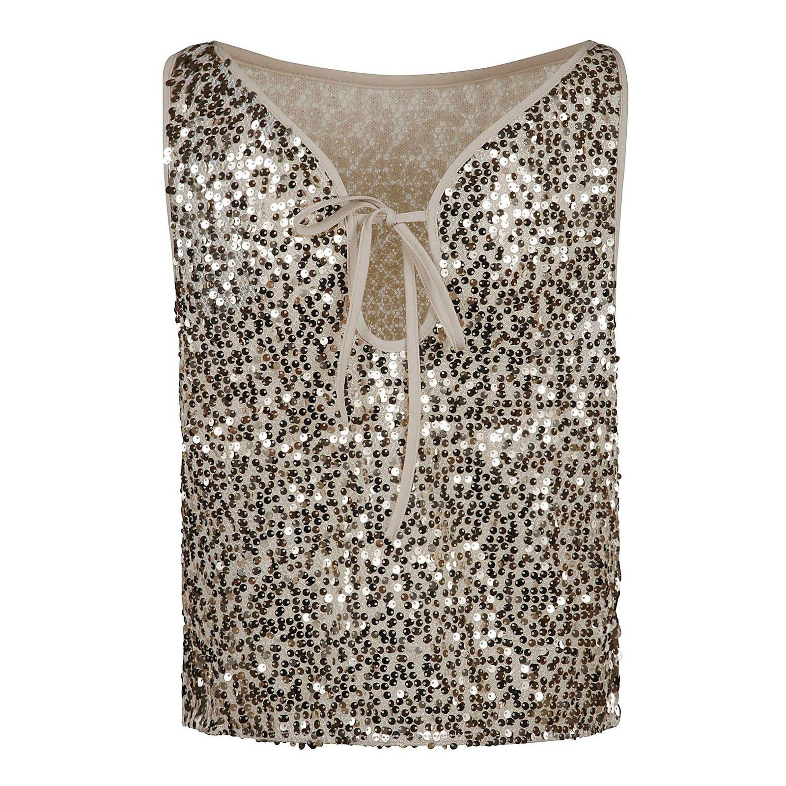 Rotate Birger Christensen Rotate Net Sequins Boatneck Top In Macadamia